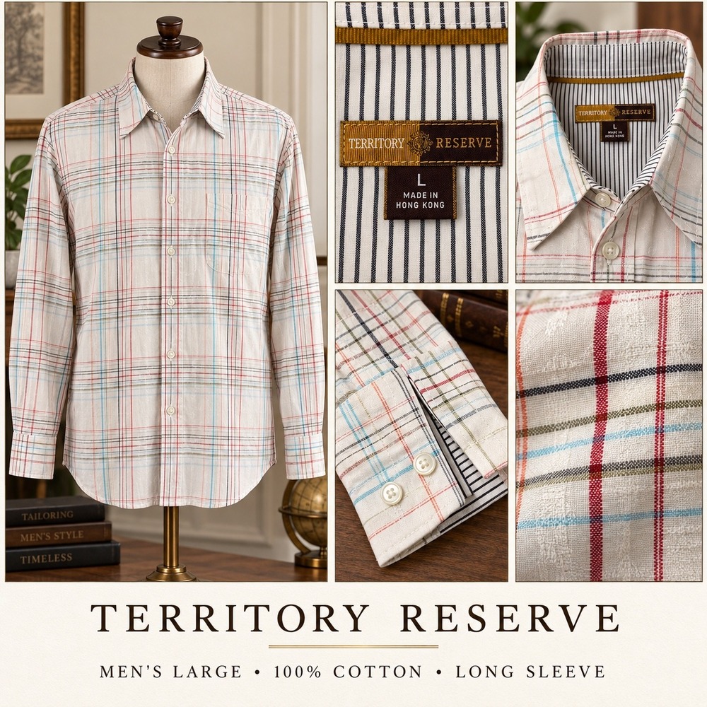 Territory Reserve Mens Large White Plaid Jacquard Leaf Long Sleeve Button Shirt